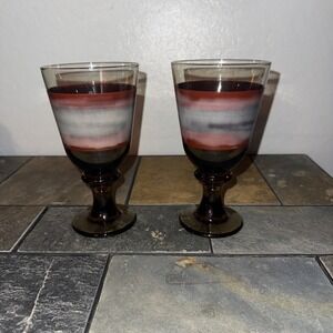 2 Libbey Sango Nova Brown Stem 7" Wine Water Drink Goblet Glass Set Vintage